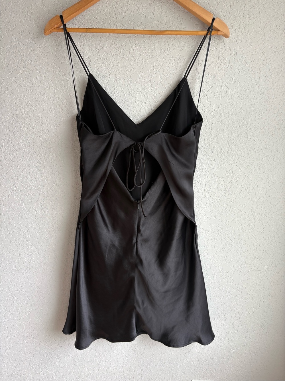 ZARA Black Satin Slip Dress Open Front Tie Mini Dress Spaghetti Strap Size L